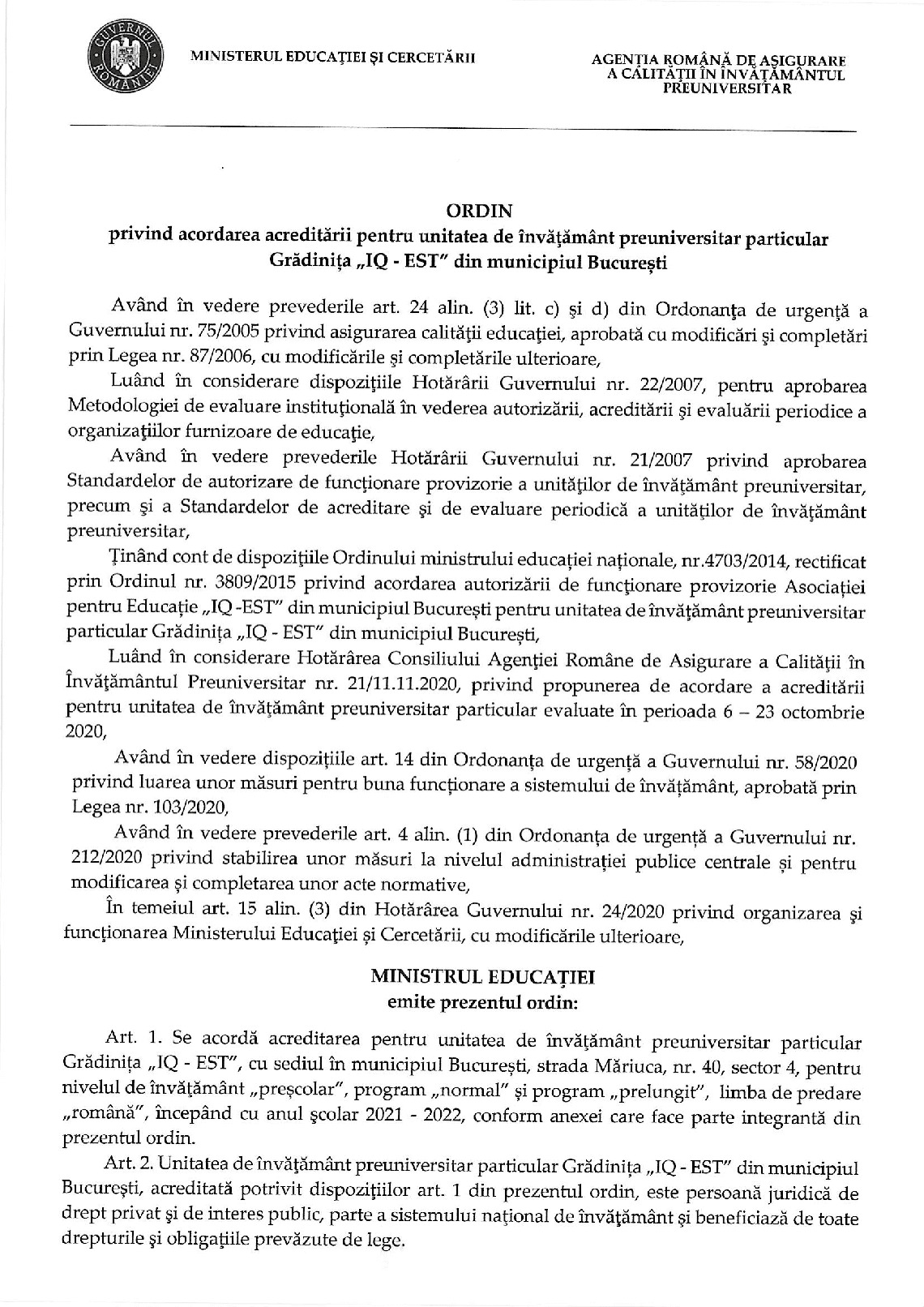 OMEC nr. 3571 din 29.03.2021 acreditare Gradinita IQ EST din Bucuresti 1 1